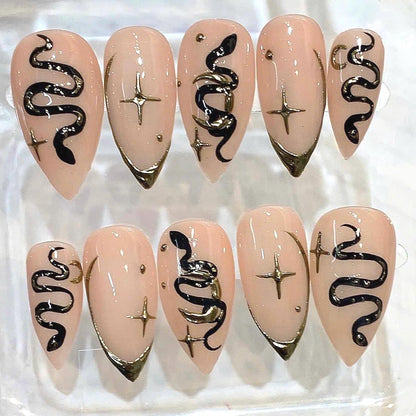 Gothic Snake Press On Nails, Black Gold Star Mystic Art Set