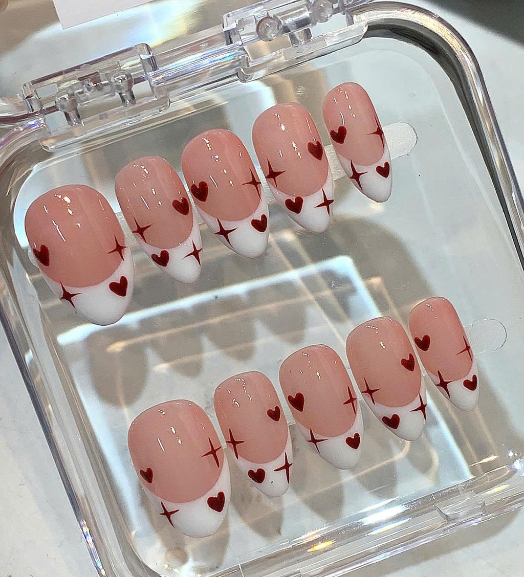 Heart French Tip Press On Nails: Pink & White Valentine's Day Coffin Set