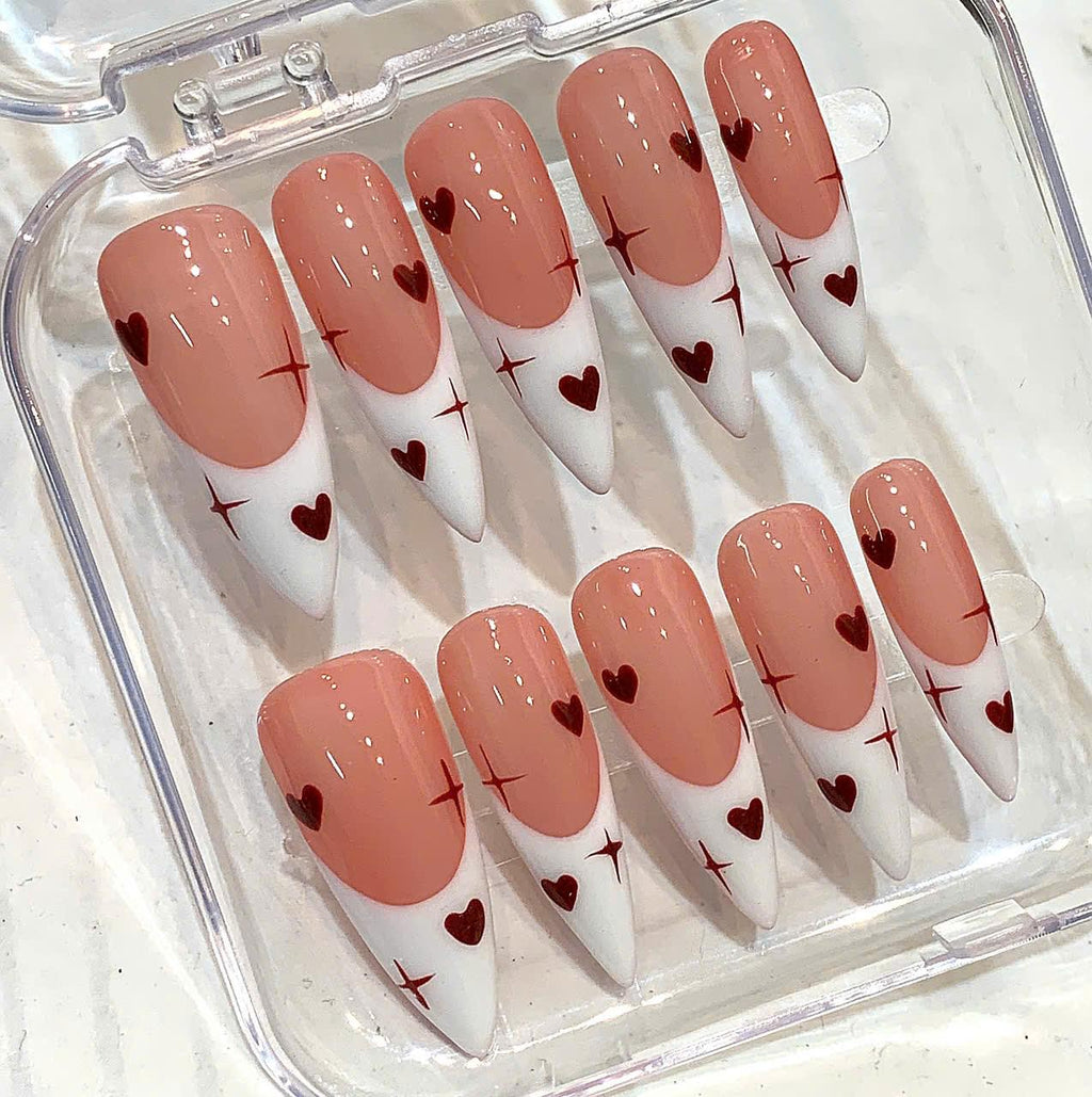 Heart French Tip Press On Nails: Pink & White Valentine's Day Coffin Set