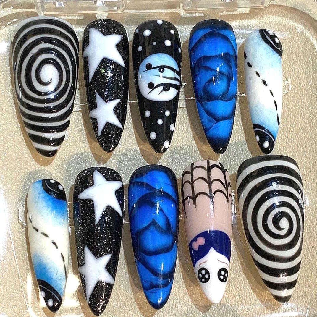 Gothic Spiral Star Press On Nails: Blue Black Stiletto Halloween Nail Art