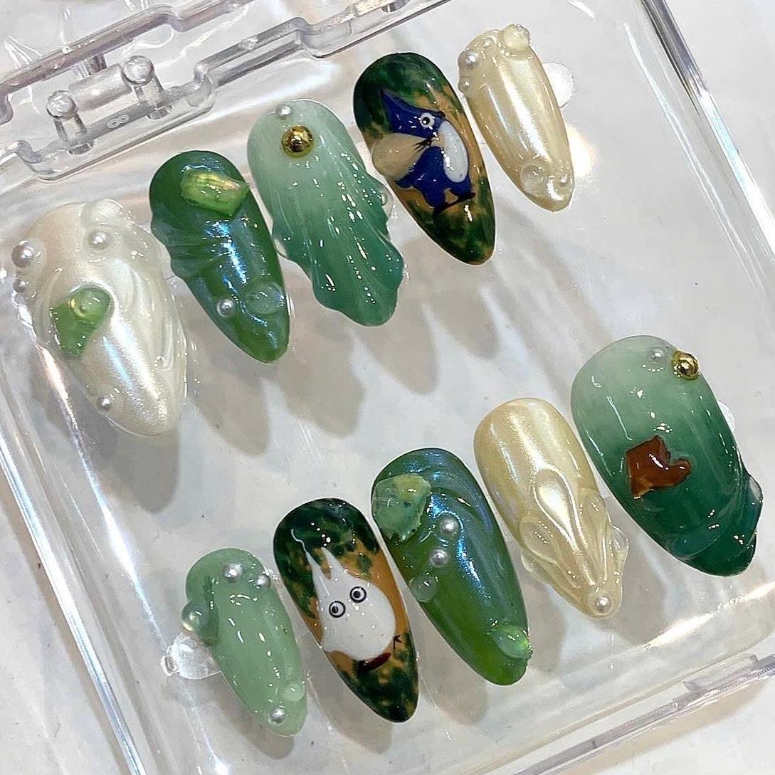 Totoro Forest Press On Nails – Studio Ghibli Inspired Handmade Green Jelly Nail Art Set