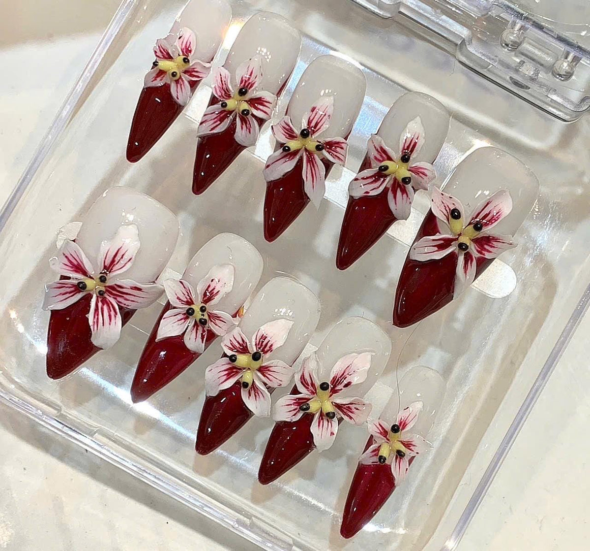 Red 3D Floral Stiletto Press On Nails, Romantic Luxury Blossom Set