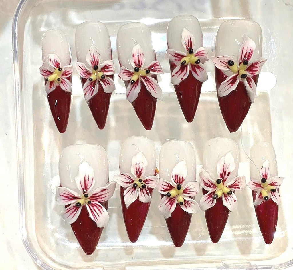 Red 3D Floral Stiletto Press On Nails, Romantic Luxury Blossom Set