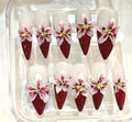 Red 3D Floral Stiletto Press On Nails, Romantic Luxury Blossom Set