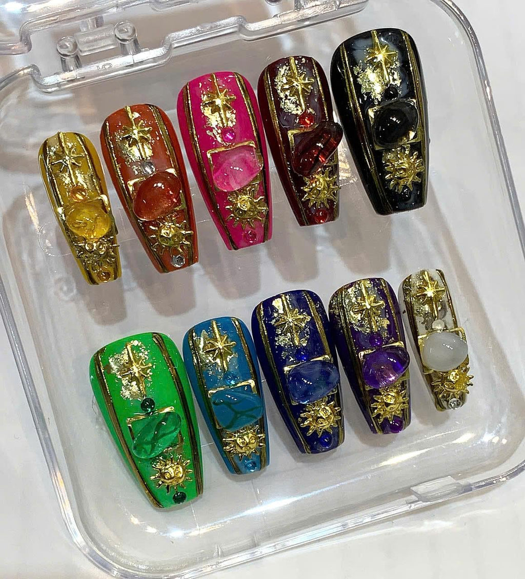 Celestial Gemstone Press On Nails: Handmade Astrology Nail Art with Stars & Crystals