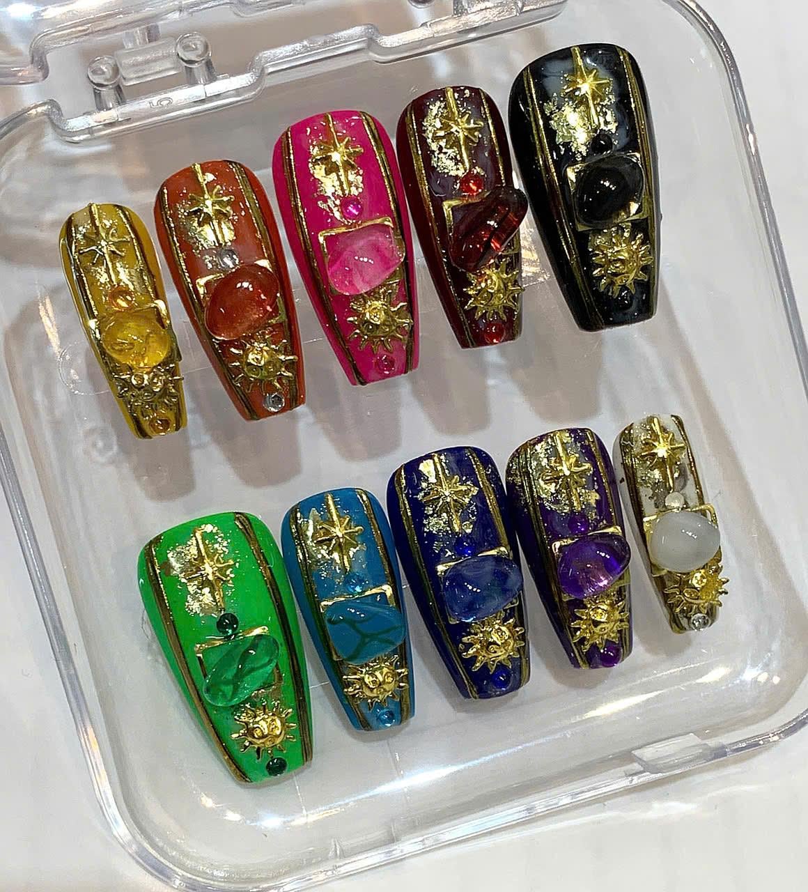 Celestial Gemstone Press On Nails: Handmade Astrology Nail Art with Stars & Crystals