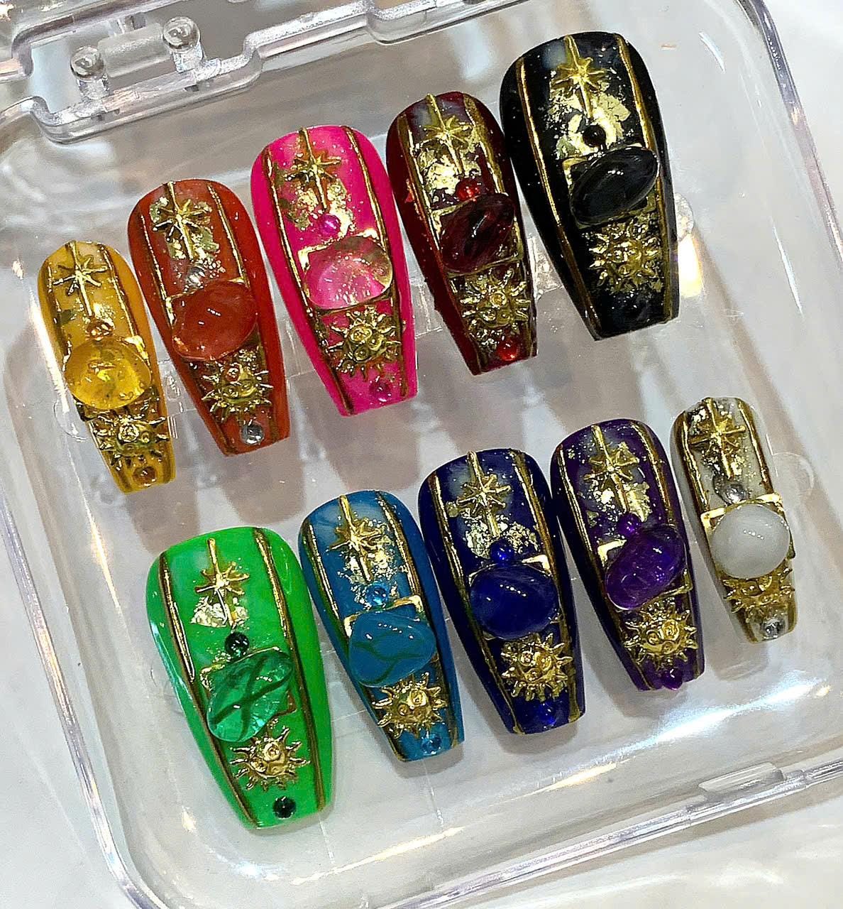 Celestial Gemstone Press On Nails: Handmade Astrology Nail Art with Stars & Crystals