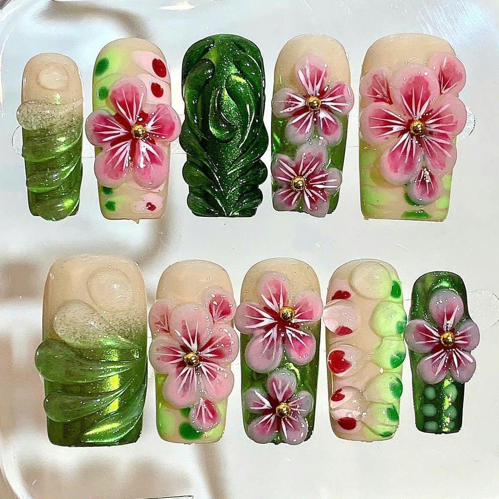 3D Floral Press On Nails – Green Pink Tropical Nail Set