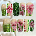 3D Floral Press On Nails – Green Pink Tropical Nail Set