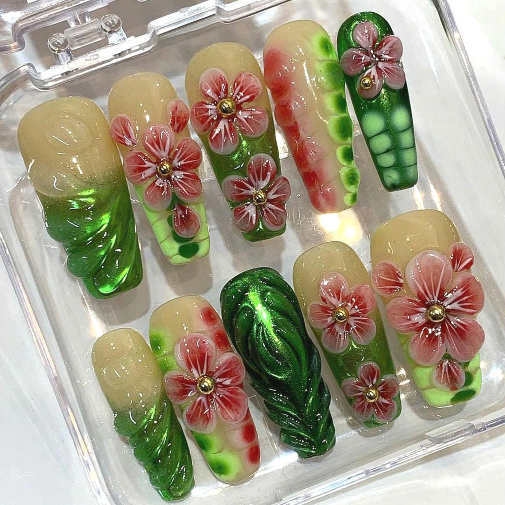3D Floral Press On Nails – Green Pink Tropical Nail Set