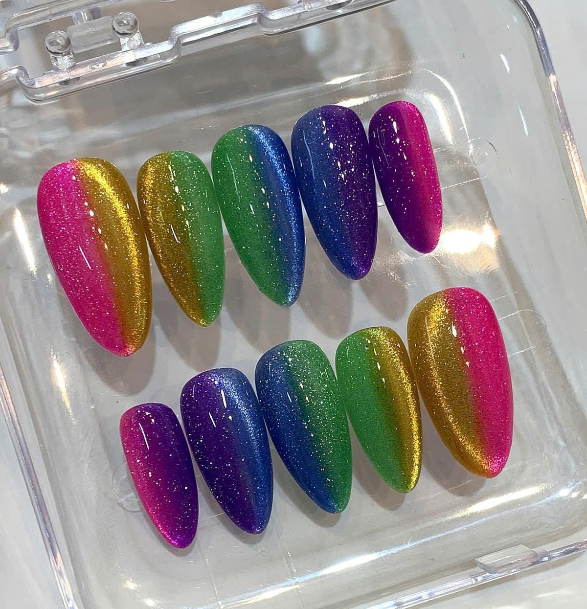 Rainbow Glitter Ombre Press On Nails: Handmade Festival Fake Nail Set