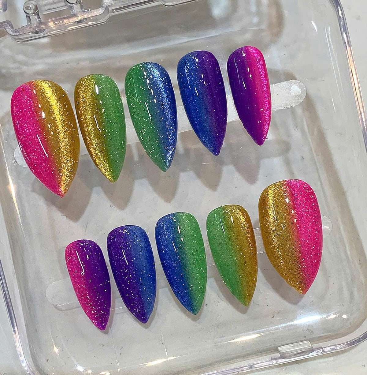 Rainbow Glitter Ombre Press On Nails: Handmade Festival Fake Nail Set