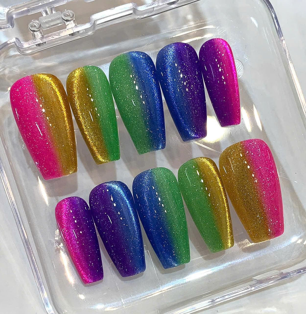 Rainbow Glitter Ombre Press On Nails: Handmade Festival Fake Nail Set