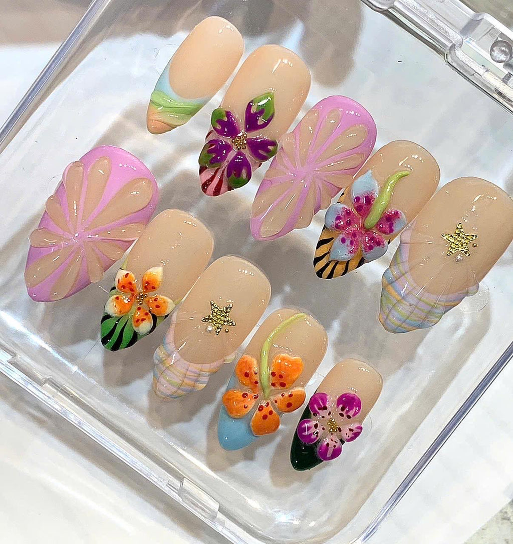 3D Tropical Floral Press On Nails – Summer Blossom Handmade Fake Nails Set