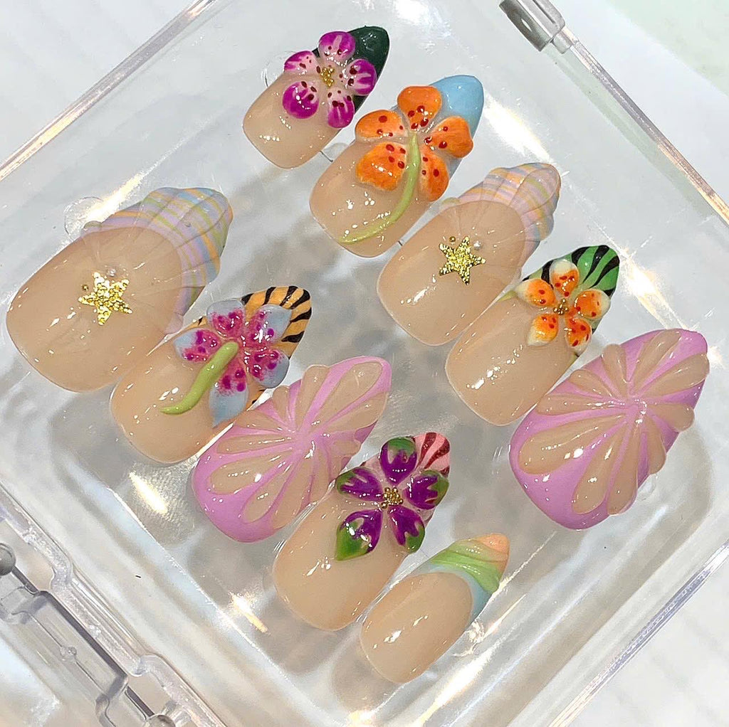 3D Tropical Floral Press On Nails – Summer Blossom Handmade Fake Nails Set
