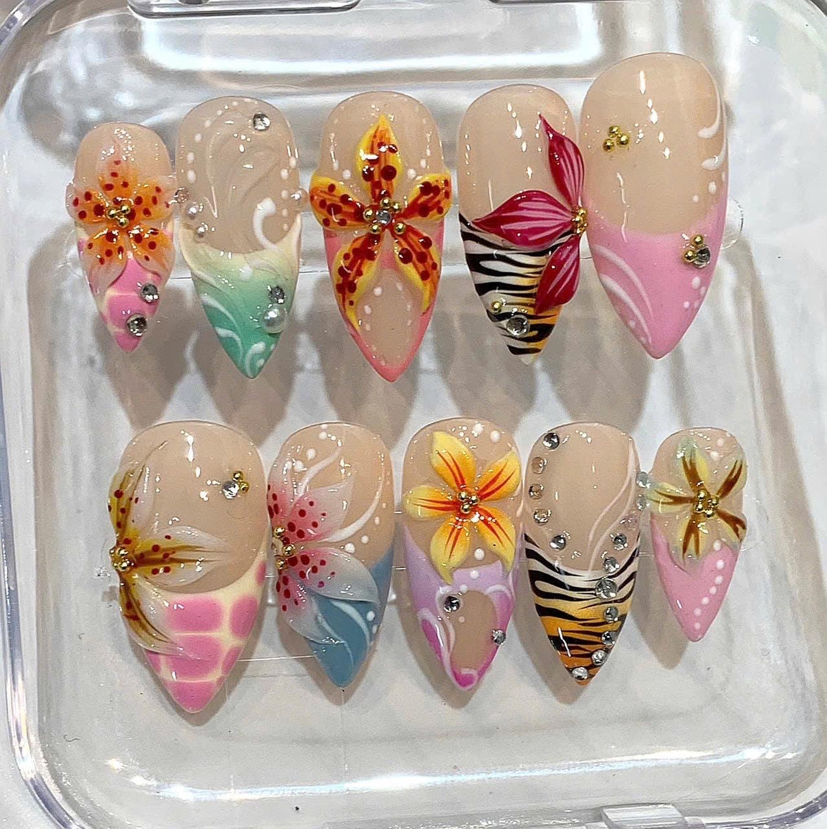 3D Tropical Flower Press On Nails – Safari Floral Nail Art, Handmade Colorful Nail Set