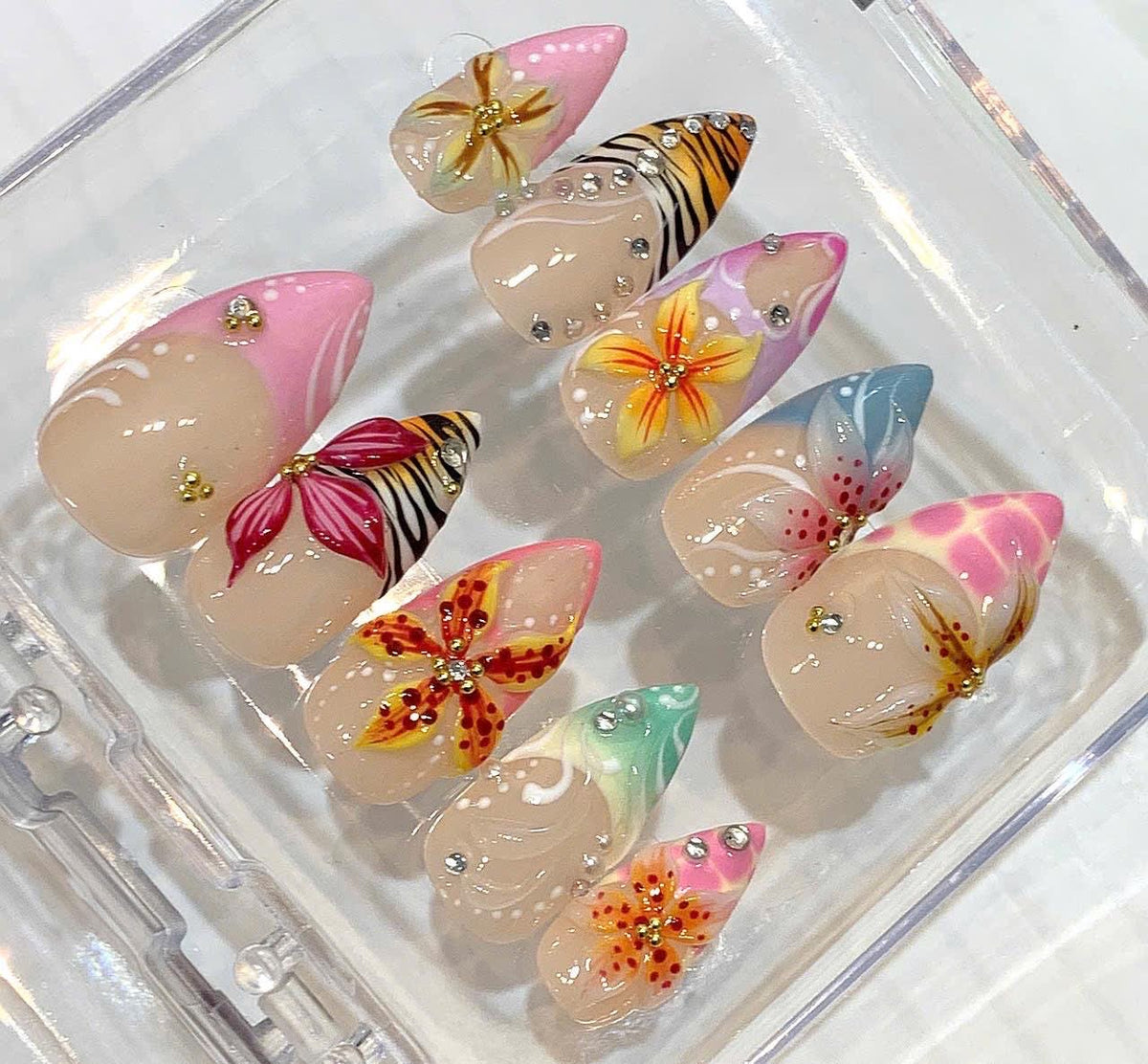 3D Tropical Flower Press On Nails – Safari Floral Nail Art, Handmade Colorful Nail Set