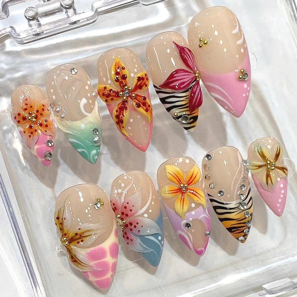 3D Tropical Flower Press On Nails – Safari Floral Nail Art, Handmade Colorful Nail Set