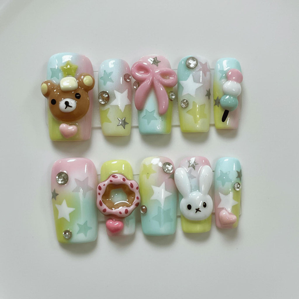 3D Kawaii Press On Nails | Bear Bunny Nail Designs | Cute Pastel Summer Nails