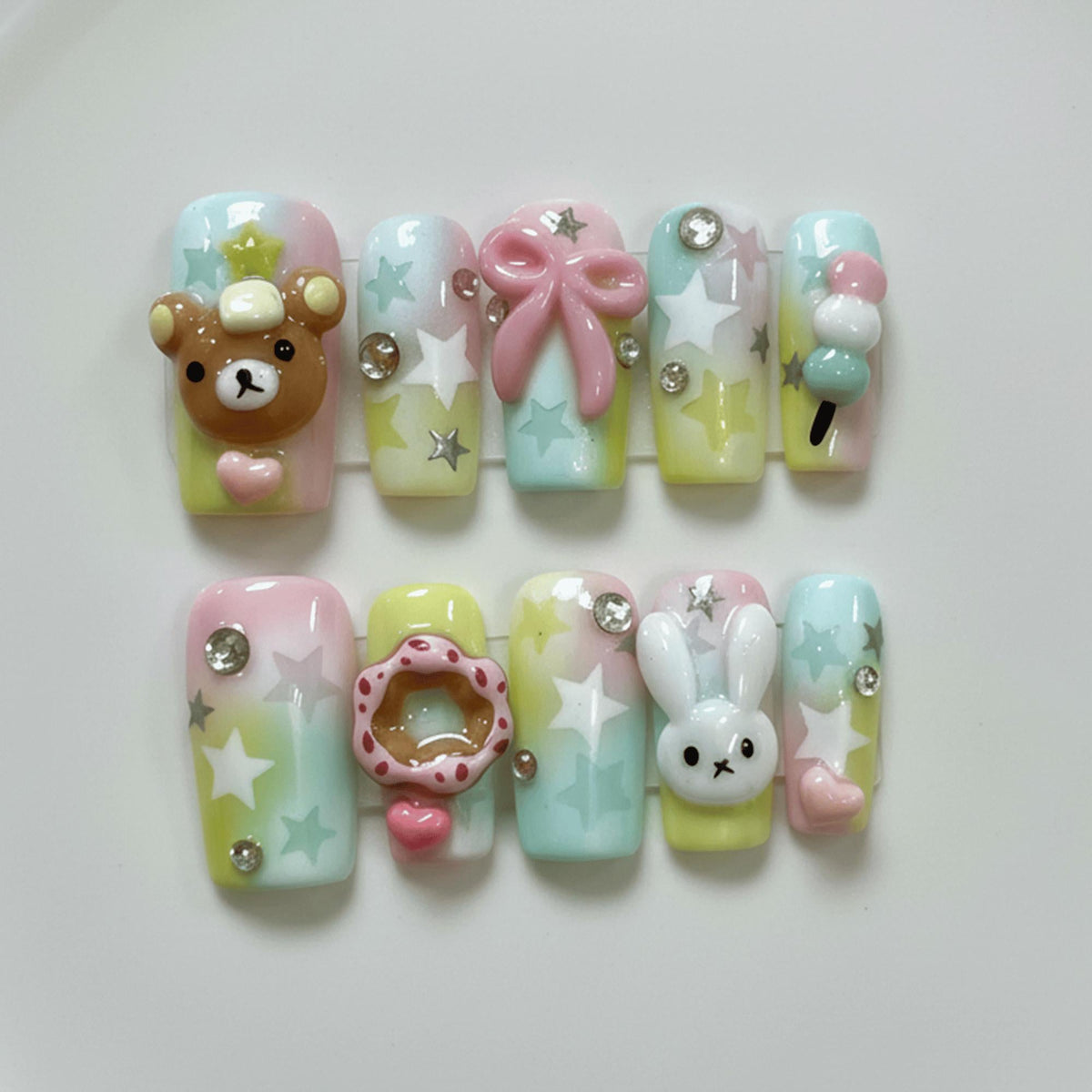 3D Kawaii Press On Nails | Bear Bunny Nail Designs | Cute Pastel Summer Nails