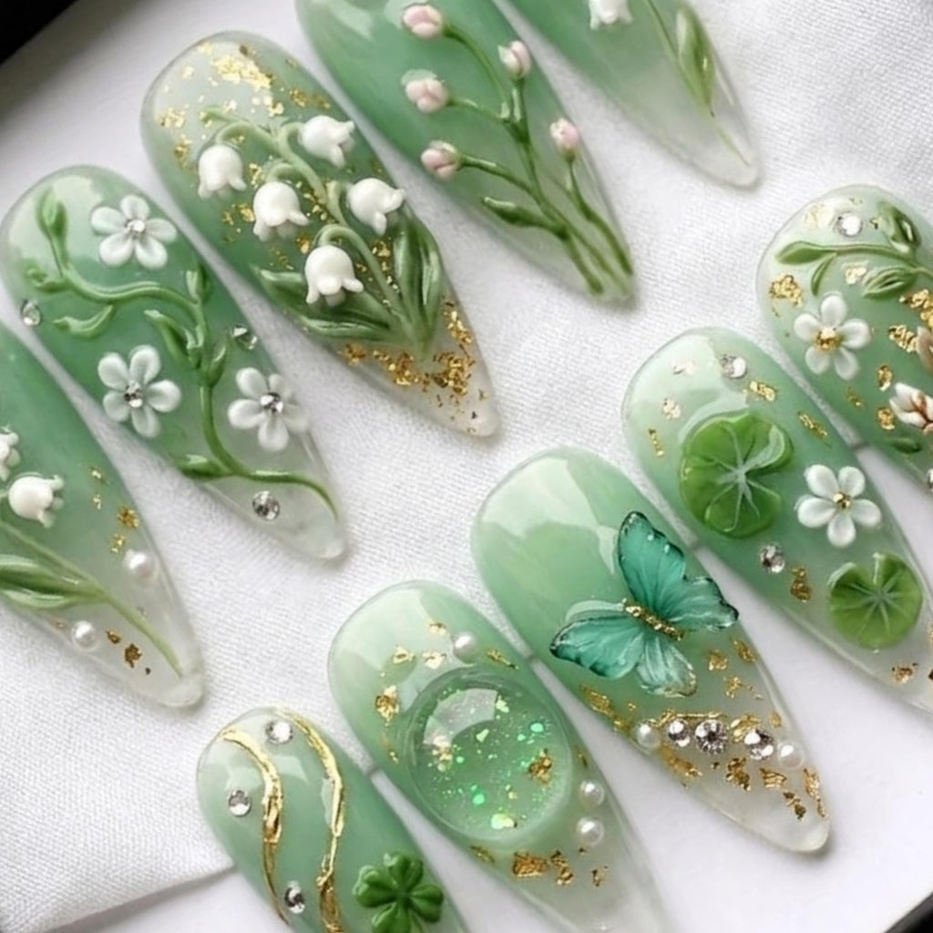 Lily of the Valley Press on Nails | Fairycore Stiletto Nails | 3D Floral Butterfly Nails | Handcrafted 3D Art Nails | Spring Nature Nails
