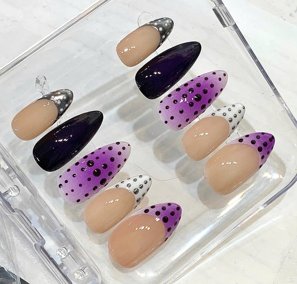 Purple Polka Dot Press On Nails, Nude Black Minimal Glam Nail Set, Chic Studded Nails, Trendy Simple Press On Nails