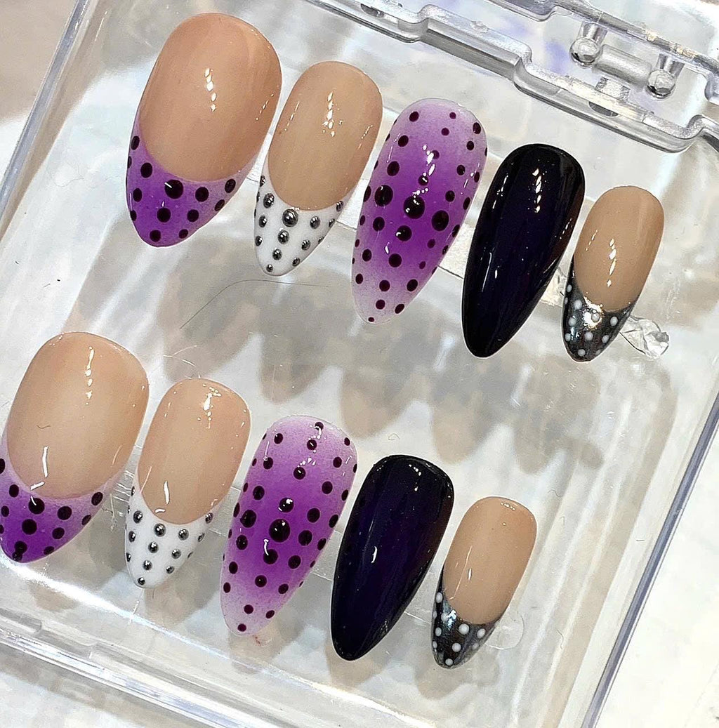Purple Polka Dot Press On Nails, Nude Black Minimal Glam Nail Set, Chic Studded Nails, Trendy Simple Press On Nails