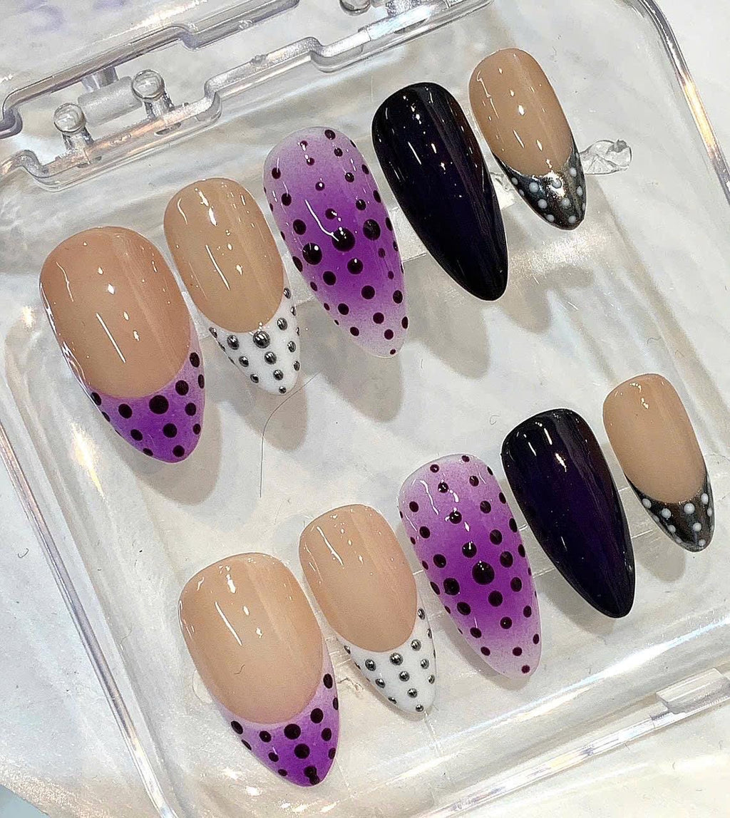 Purple Polka Dot Press On Nails, Nude Black Minimal Glam Nail Set, Chic Studded Nails, Trendy Simple Press On Nails