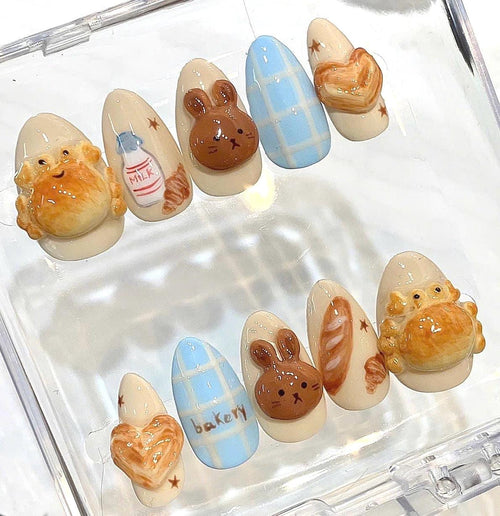 3D Bakery Bunny Press On Nails, Kawaii Food Nail Art, Pastel Japanese Style Statement
