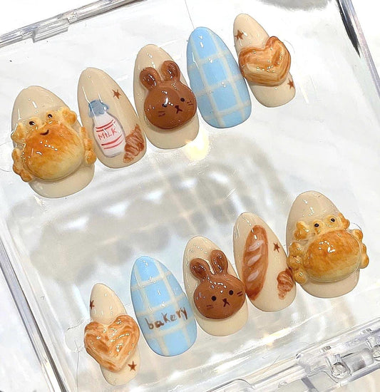 3D Bakery Bunny Press On Nails, Kawaii Food Nail Art, Pastel Japanese Style Statement