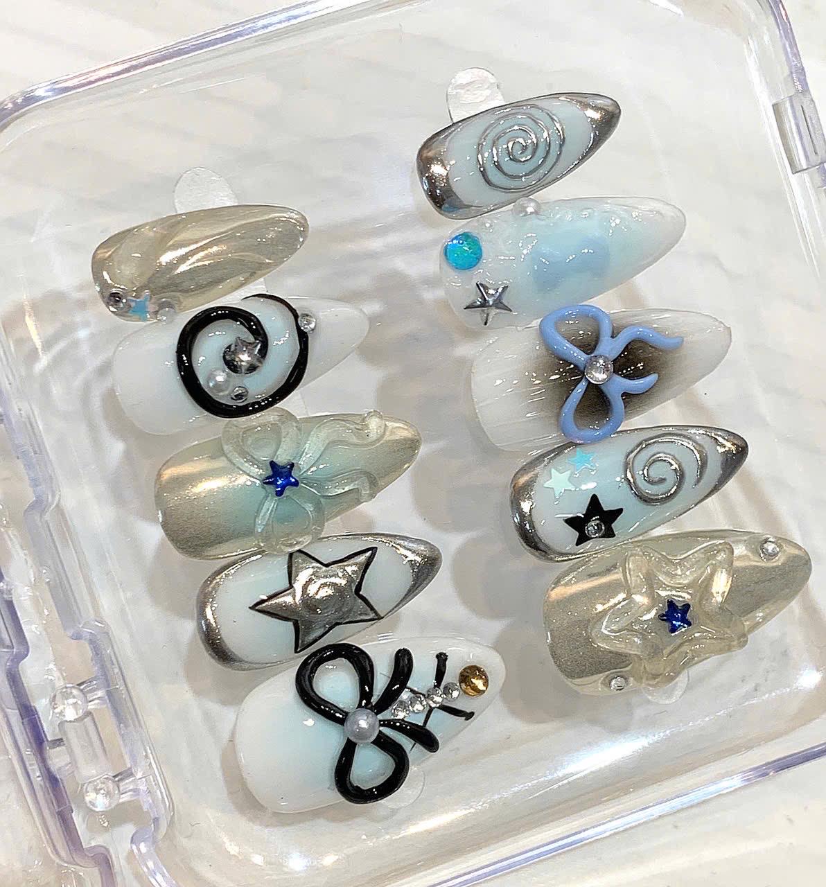 Y2K Bow Star Press On Nails, White Silver Chrome, 3D Pastel Nail Art