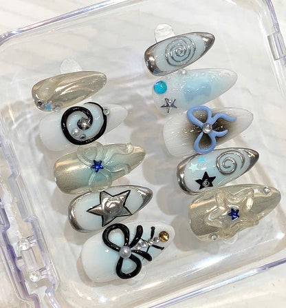 Y2K Bow Star Press On Nails, White Silver Chrome, 3D Pastel Nail Art