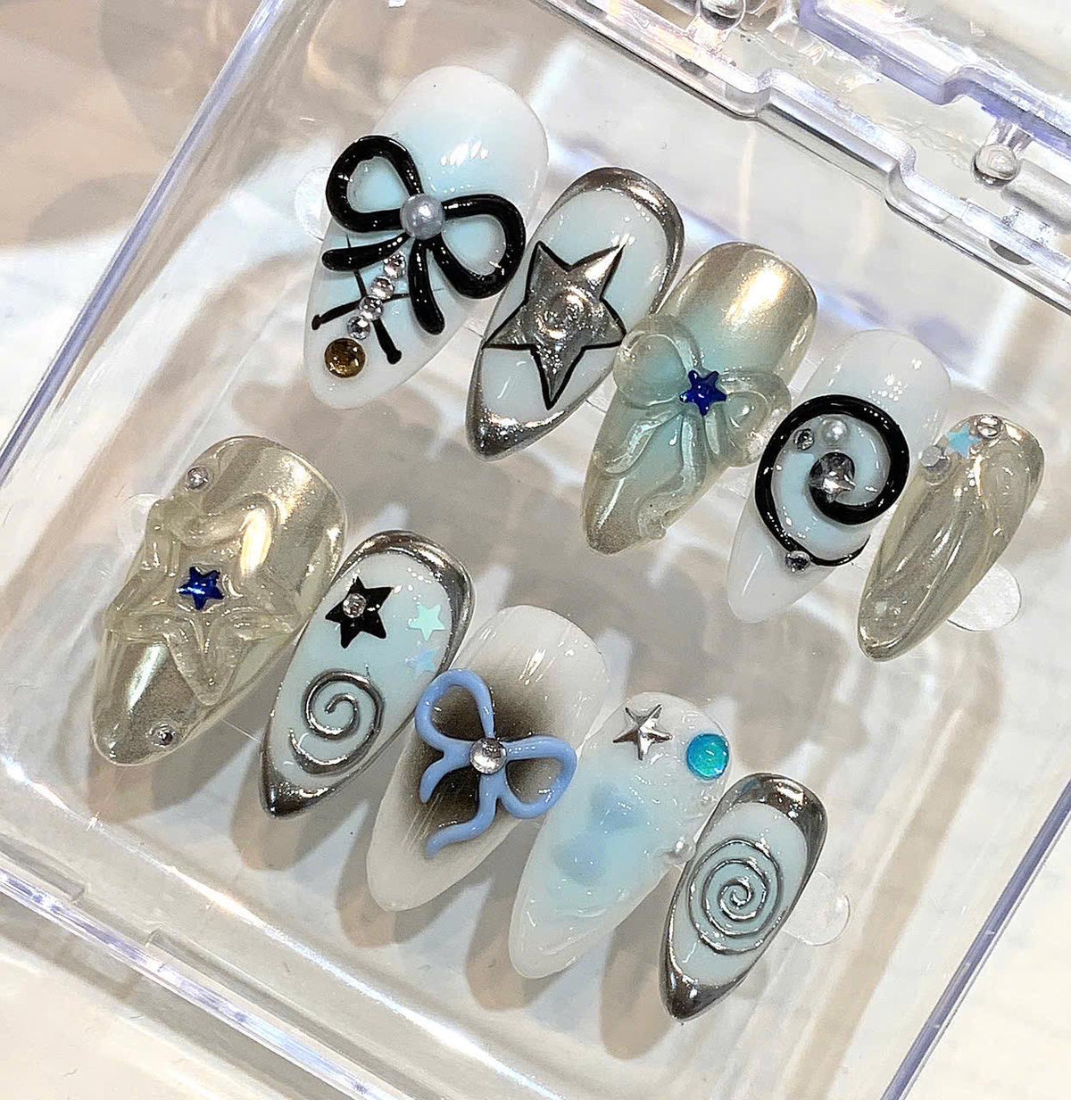 Y2K Bow Star Press On Nails, White Silver Chrome, 3D Pastel Nail Art