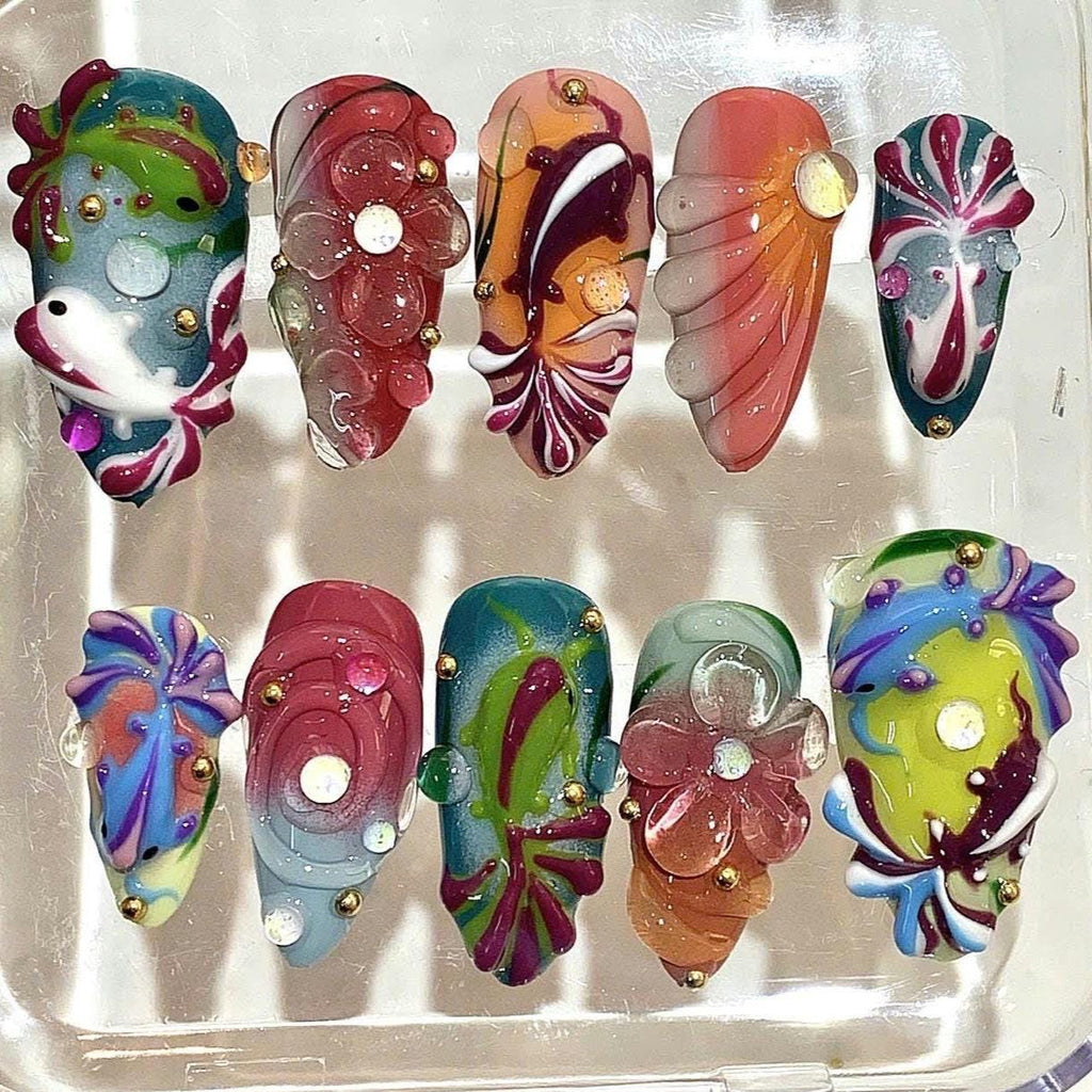 3D Fish Floral Press On Nails | Handcrafted Koi Nail Art Set