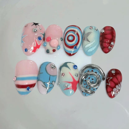 Y2K Abstract Press On Nails: Handmade Retro Star Nail Art
