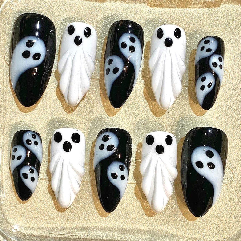 Halloween Ghost Press On Nails: 3D Black and White False Nails