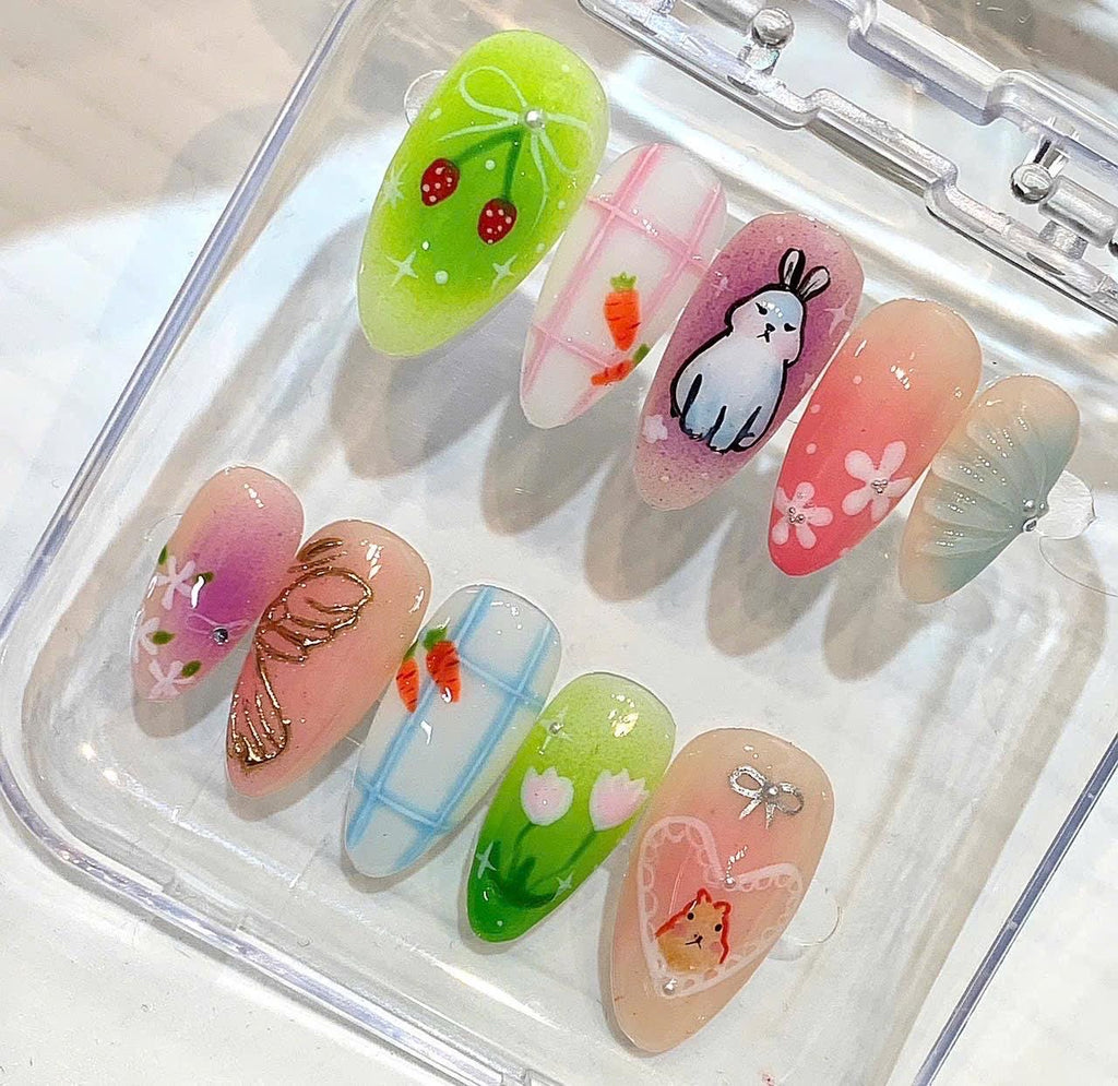 Handmade Bunny Strawberry Press On Nails, Pastel Spring Kawaii Almond Set