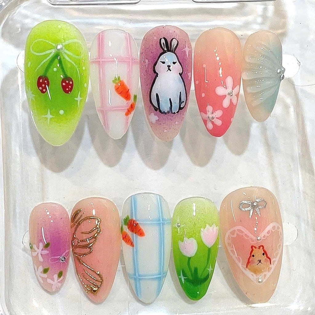 Handmade Bunny Strawberry Press On Nails, Pastel Spring Kawaii Almond Set