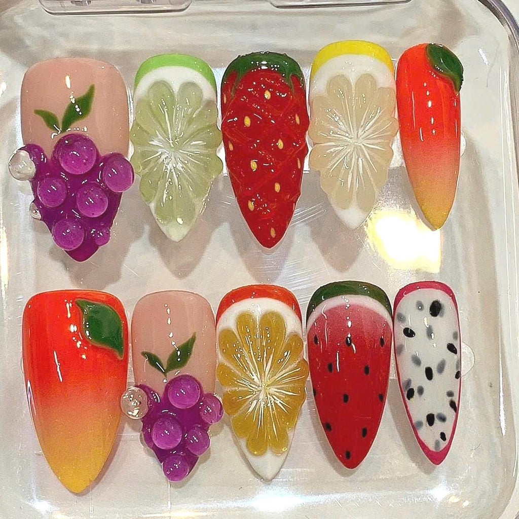 Handmade Fruit Press On Nails, Strawberry Lemon Grape Watermelon Art, Kawaii Summer Almond Shape