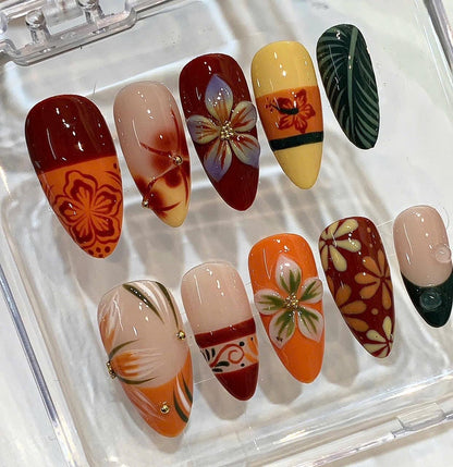Tropical Floral Press On Nails – Handmade Orange Red Flower Nail Art Set