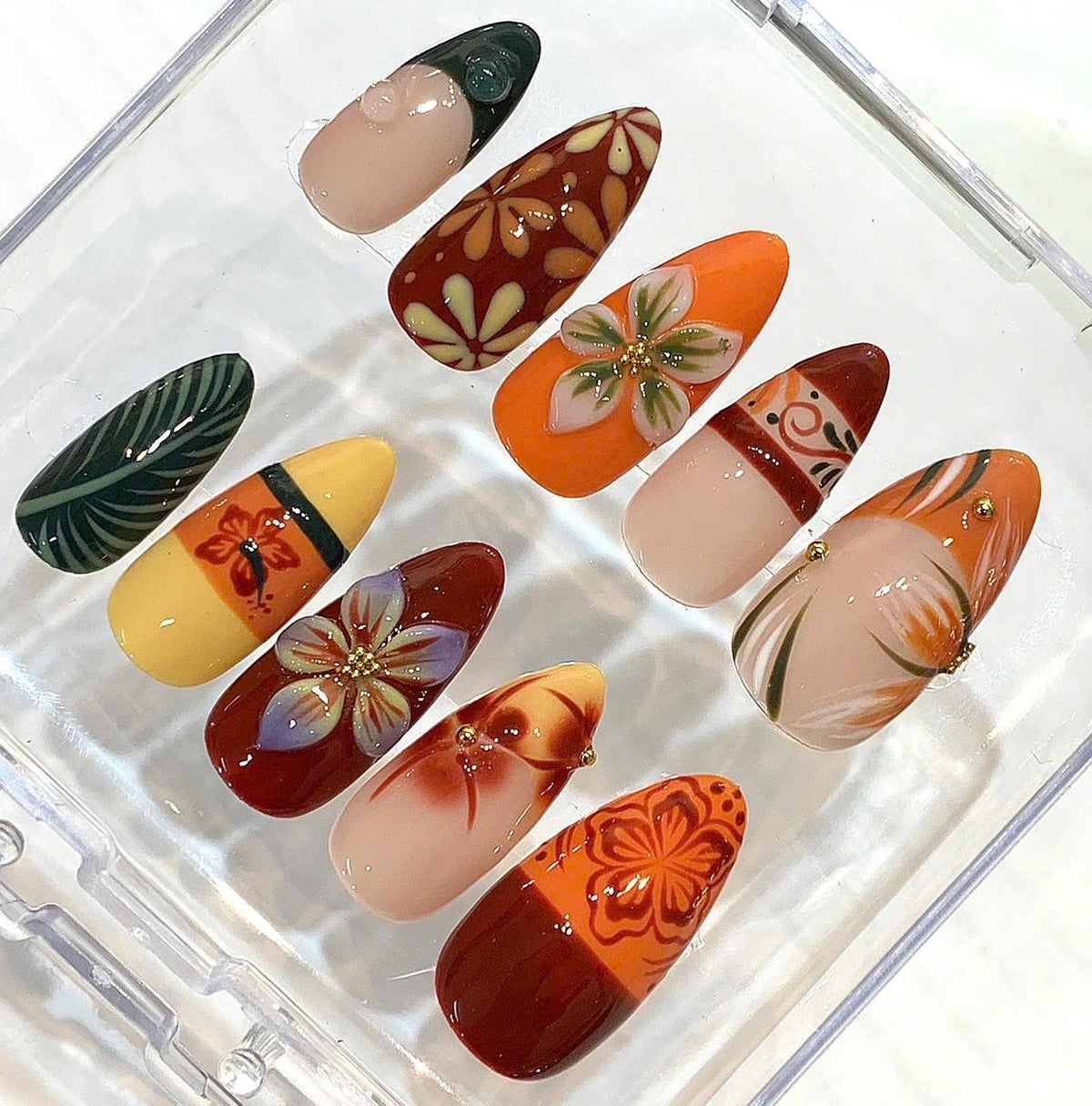Tropical Floral Press On Nails – Handmade Orange Red Flower Nail Art Set
