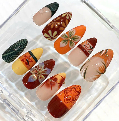 Tropical Floral Press On Nails – Handmade Orange Red Flower Nail Art Set
