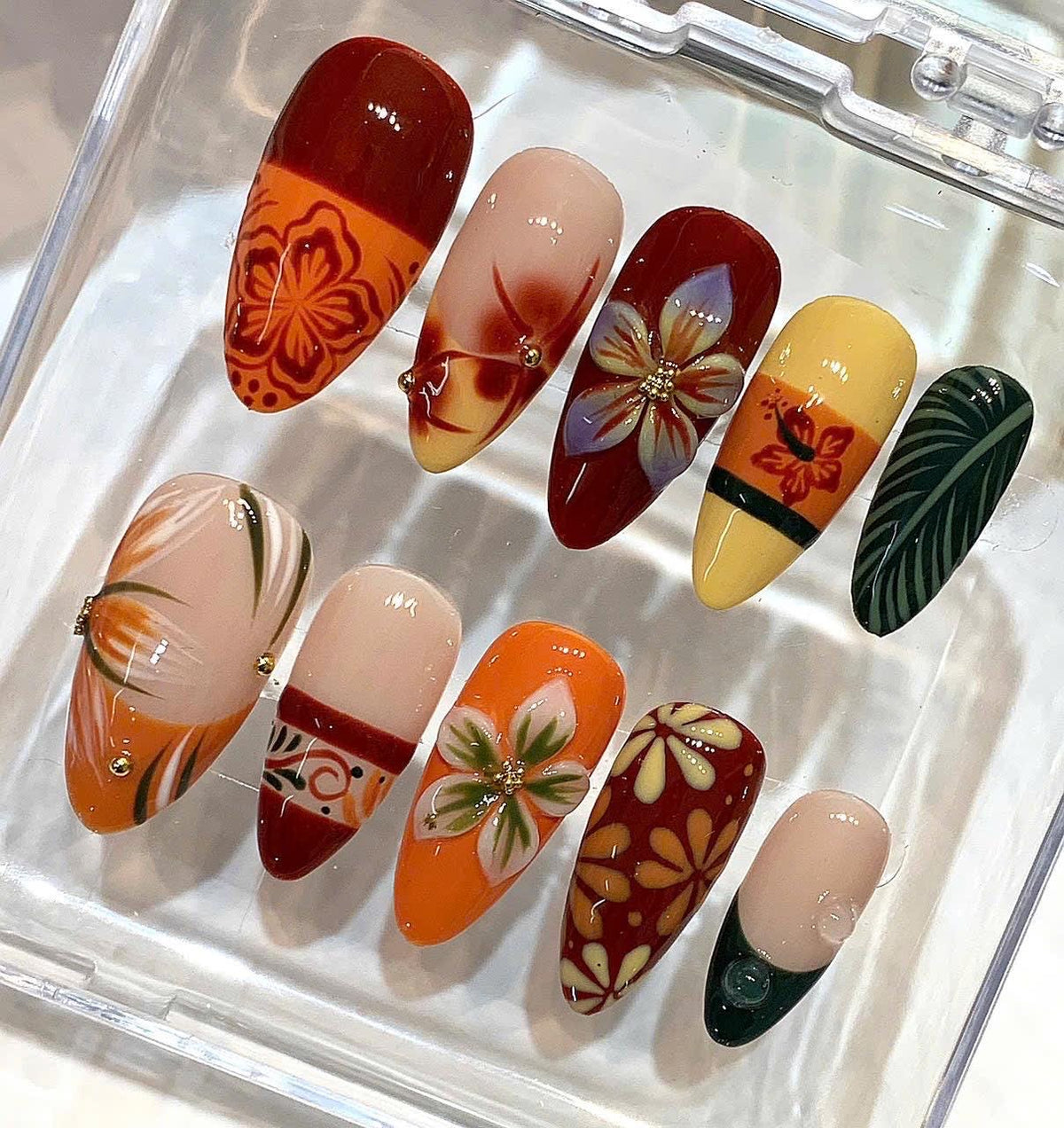 Tropical Floral Press On Nails – Handmade Orange Red Flower Nail Art Set