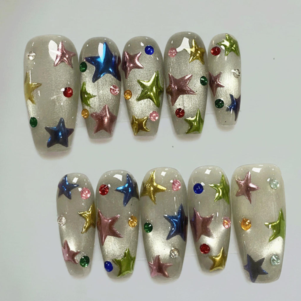 3D Cat Eye Star Press On Nails, Colorful Chrome Nail Art, Party Festival Nails, Handmade Nails