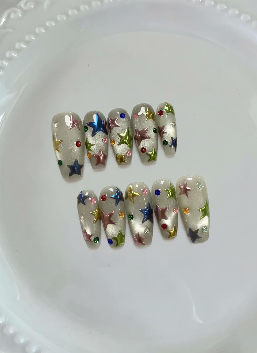 3D Cat Eye Star Press On Nails, Colorful Chrome Nail Art, Party Festival Nails, Handmade Nails