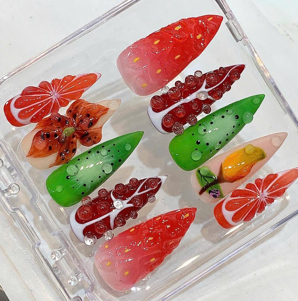 3D Fruit Press On Nails, Strawberry Kiwi Mango Design, Summer Almond Glossy Fake Nails