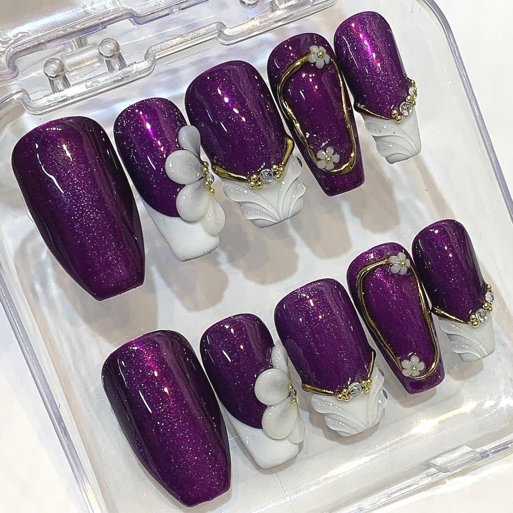 Purple 3D Flower Press On Nails | Elegant Gold Frame Bridal Set