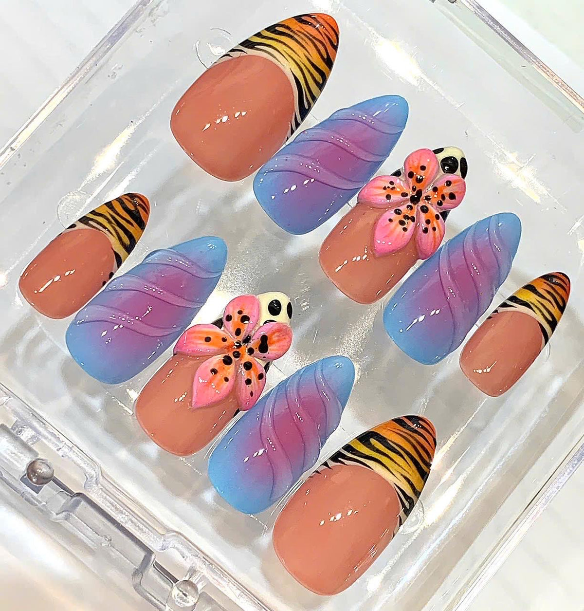 Ombre Press On Nails with 3D Flower | Tiger Print Tropical Nail Set