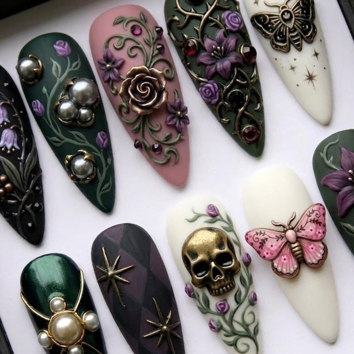 Gothic Fantasy Press On Nails | Dark Vintage Almond Nails | Skull Moth Floral Nail | Handcrafted 3D Nail | Edgy Alternative Nail