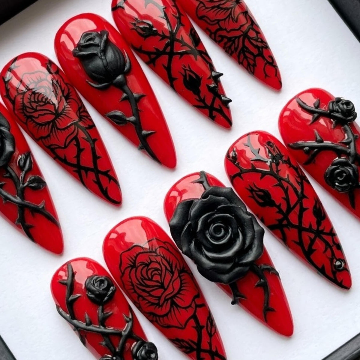 Gothic Black Rose Press On Nails | Dark Romance Long Stiletto | 3D Floral Thorns Nails | Hand Sculpted Gel Nails | Edgy Goth Girl Nails